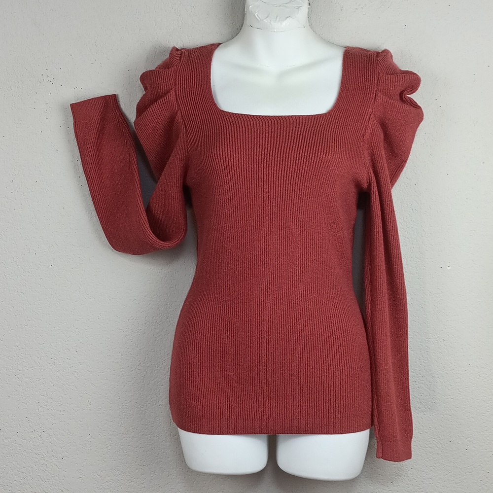 Women's Ribbed Square Neck Long Puff Sleeve Sweater - Rust sz M